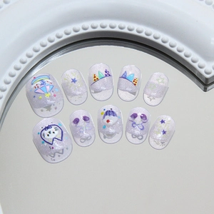 Cat eye press-on nails for kids with colorful cartoon cat and star patterns set of 10
