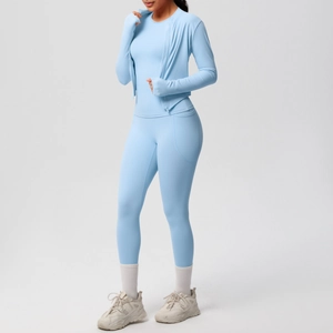 Three-piece light blue yoga set with zipper jacket, tank top and leggings with pockets