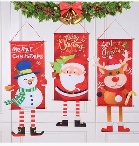 Close-up of Merry Christmas banners featuring Santa, Snowman, and Reindeer designs