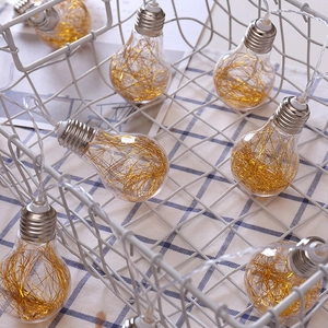 Retro LED copper wire bulb string in a white metal basket with a cozy checkered cloth