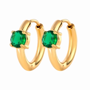 Detailed macro view of gold stainless steel hoop earrings set with round green zircon stones