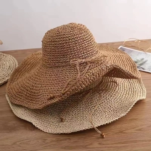 Wide Brim Straw Hat Paper Woven Foldable Bowknot Wood Beads Summer Beach Sun Protection Vacation For Women
