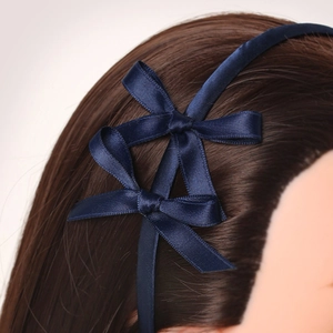 Dark blue satin ribbon headband with double bows for children in ballet style