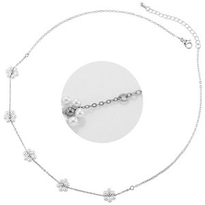 18K gold plated flower pearl necklace featuring five floral pendants and adjustable chain