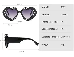 Detailed sizing chart for heart-shaped sunglasses with frame and lens measurements