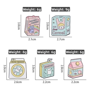 Detailed size and weight measurements for five cute cartoon enamel badges with soda and food themes
