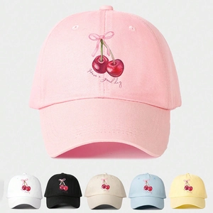 Women Cotton Twill Baseball Cap Cherry Bow Print Have A Good Day Lettering Adjustable Curved Brim Hat
