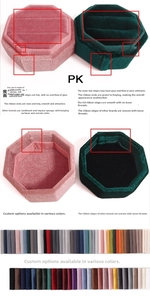 Detail view of octagon velvet ring boxes showing quality inner sponge and custom color swatches