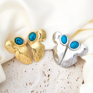 Geometric Butterfly Wing Stainless Steel Earrings With Oval Blue Artificial Turquoise Vintage Style For Women Jewelry