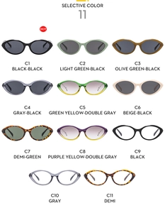 Selection of eleven colors for cat eye sunglasses including tortoiseshell and gradient lenses