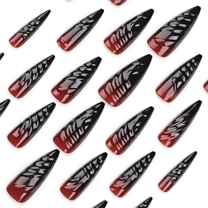 3D textured long stiletto press on nails with black and red gradient effect