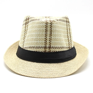 Men's retro beige straw fedora with brown check pattern and black ribbon for summer sun