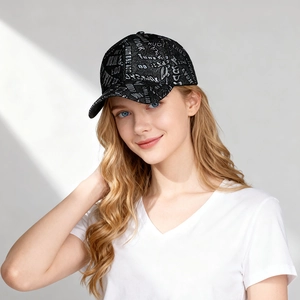 Close-up of black graffiti baseball cap with white printed letters on high-quality fabric