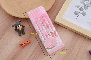 Detail showing a 6-piece pink peach themed 0.5mm gel pen set in transparent packaging