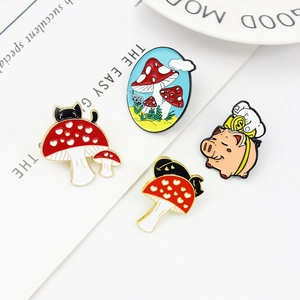 Cute cartoon enamel pin set featuring black cats, red mushrooms, and a lucky pig badge