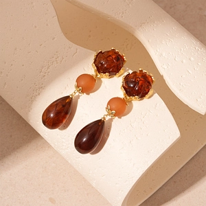 French retro amber acrylic teardrop earrings with flower studs and geometric beads