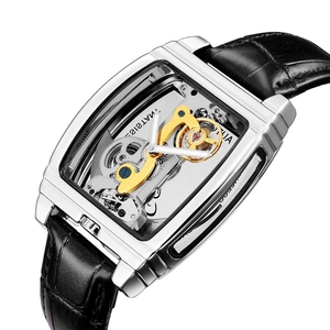 Men's automatic skeleton mechanical watch with silver square case and black leather strap