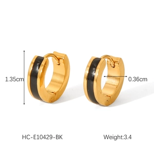 Detail view of 18K gold plated stainless steel hoops with black enamel and dimensions