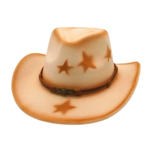 Western wool felt cowboy hat in cream with vintage orange stars and skull buckle detail