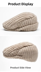 Detailed close-up showing the ribbed knit texture of the beige retro flat cap
