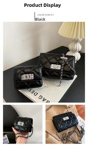 Detail view of black quilted mini chain bag with silver twist lock in a lifestyle set