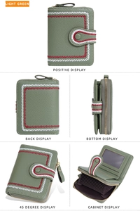 Detailed views of light green PU leather wallet with floral stitching and multi-card slots