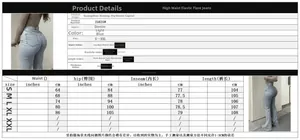 Size chart detail for high waist stretch flare jeans with precise measurements from S to XXL