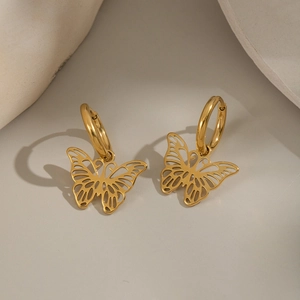Elegant gold butterfly hoop earrings made of polished stainless steel for women