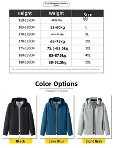 Size chart for men's hooded jacket showing height and weight recommendations from M to 5XL