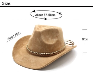 Detailed view of camel suede cowboy hat with braided band and dimensions: 58cm circumference