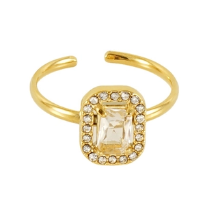 Adjustable 18K gold double layer heart ring with rectangular zircon and halo diamonds