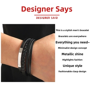 Detail view of multi-layer black leather bracelet with silver square metal buckle for men