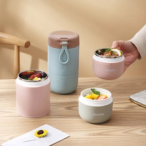 Close-up of 304 stainless steel soup cups with lids and handles in assorted pastel colors