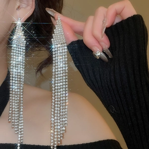 Macro shot of silver tassel earrings with sparkling rhinestones worn by a model