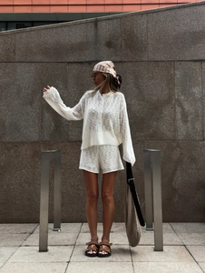French style white hollow knit cardigan and shorts two-piece set for women's autumn style