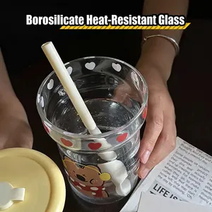 Cute cartoon bear glass cup with lid and spoon for hot tea or coffee