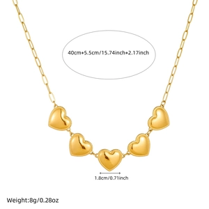 Gold-plated stainless steel necklace featuring five minimalist heart pendants on a white background