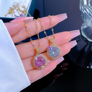 Titanium steel necklace with pink and clear halo zirconia pendants on gold chain