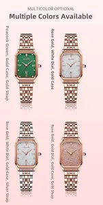 Detail view of four elegant women's square watches in various colors and finishes.