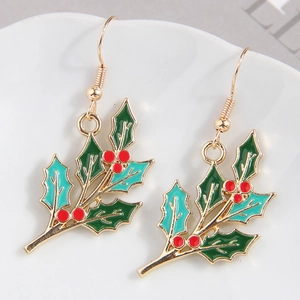 Elegant gold holly leaf earrings with red berries and green enamel finish for women