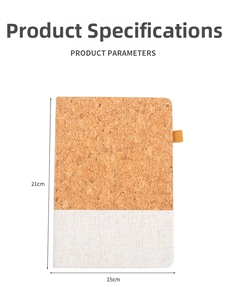 Detailed size view of A5 notebook featuring cork and fabric patchwork with 21x15cm dimensions