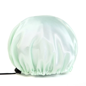 Detail of mint green adjustable satin shower cap with PEVA lining and elastic toggle
