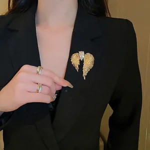 Angel Wings Brooch Gold Alloy Rhinestone Crystal Elegant Suit Coat Accessory Jewelry For Women