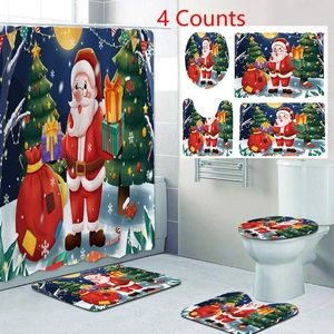 Detail of 4-piece Christmas bathroom set with Santa Claus and reindeer print patterns