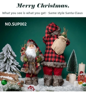 Detail of red plaid fabric Santa figurines with faux fur trim and miniature ski props