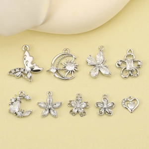 Silver 14K gold plated butterfly and floral charms set with zircon stones for DIY jewelry