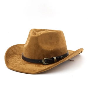 Classic brown suede western cowboy hat with leather band and vintage metal buckle