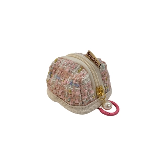 Pink plaid tweed protective case for AirPods with pearl charm and gold zipper