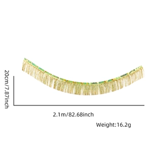 Detail view of 2.1m golden fringe garland with dimensions of 20cm height and 16.2g weight