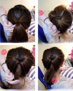 Step-by-step tutorial showing how to use the black plastic hair topsy tail styling tool